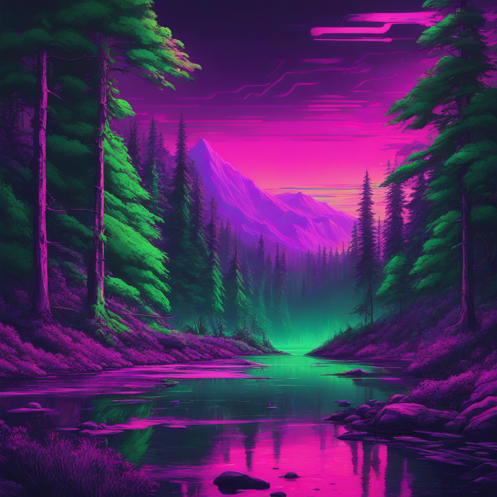 Nature dans un style neonpunk avec rivière et montagnes