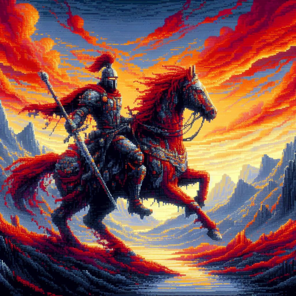 Pixel art d'un chevalier sur son cheval