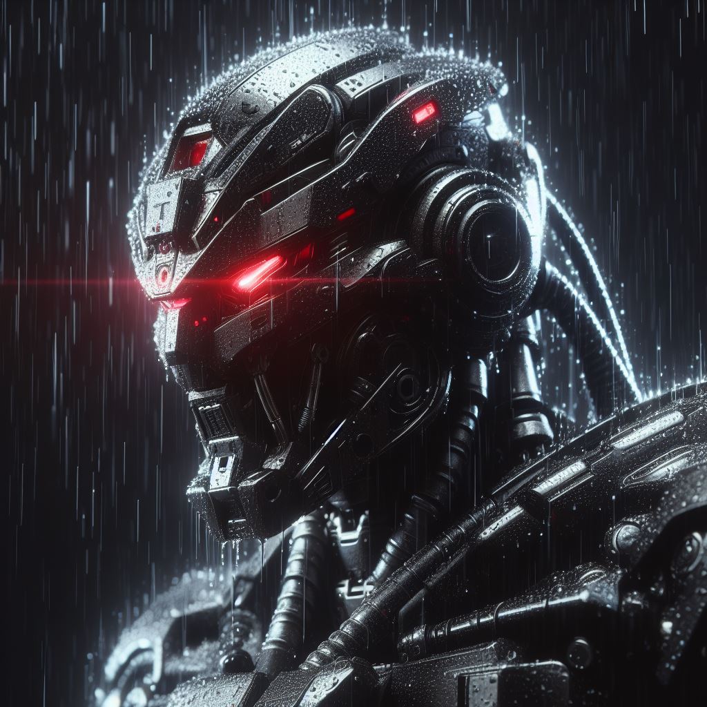 Robot tueur inquiétant sous la pluie